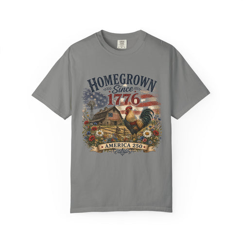 America 250 Patriotic Rooster T-Shirt — "Homegrown Since 1776" Farmhouse Tee