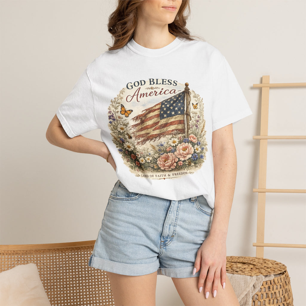 God Bless America Floral Patriotic T-Shirt — Distressed Flag & Wildflower Tee