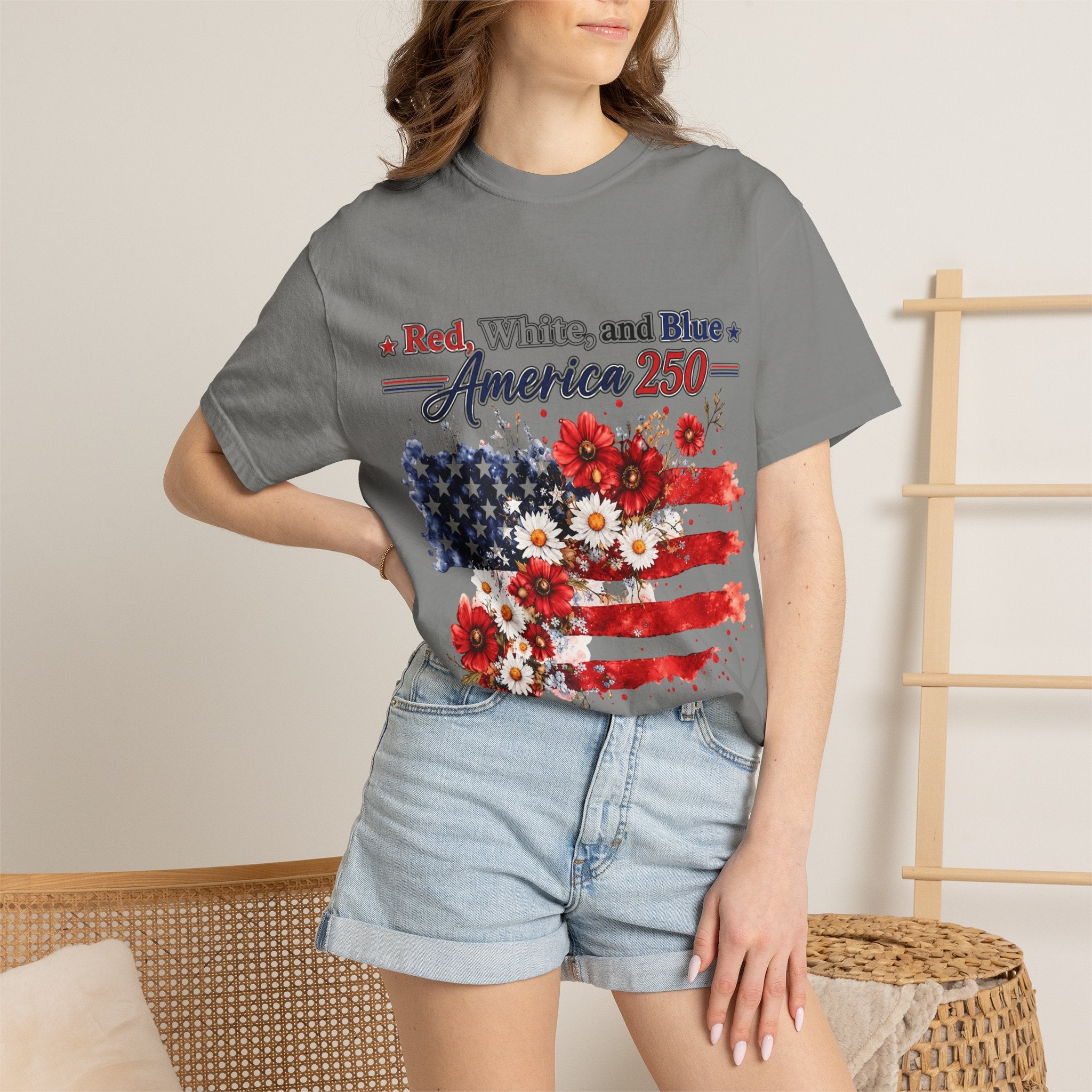 America 250 Floral Flag T-Shirt — Red White & Blue Patriotic Tee