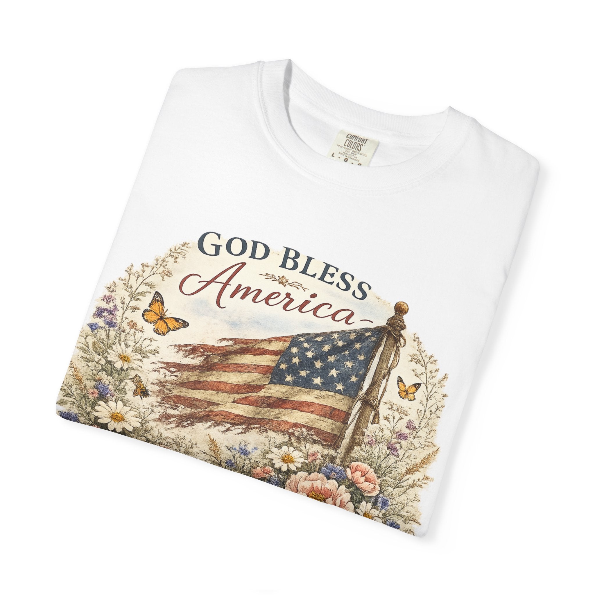 God Bless America Floral Patriotic T-Shirt — Distressed Flag & Wildflower Tee