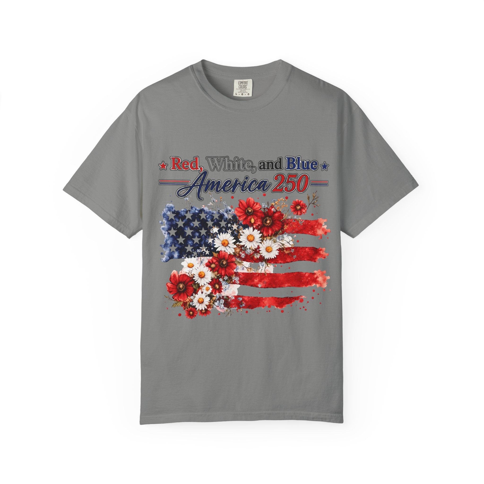 America 250 Floral Flag T-Shirt — Red White & Blue Patriotic Tee
