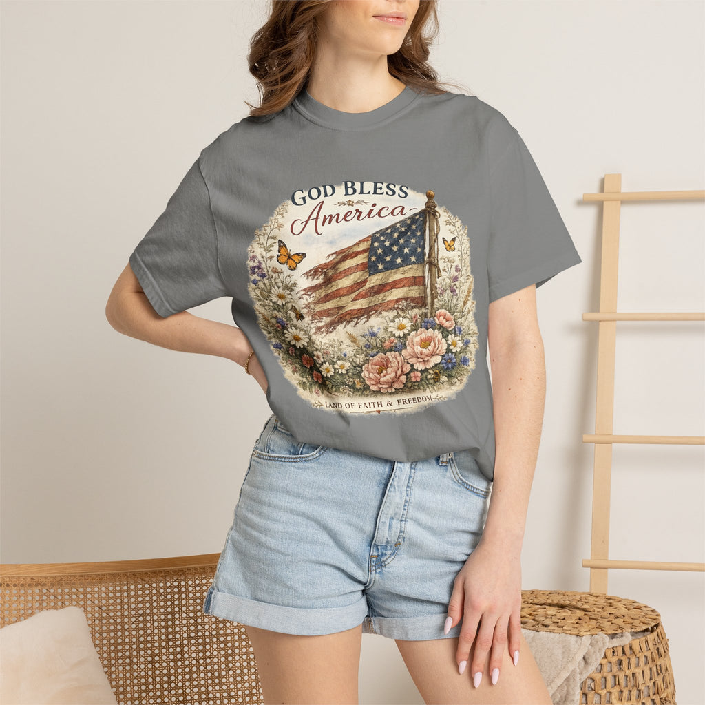 God Bless America Floral Patriotic T-Shirt — Distressed Flag & Wildflower Tee