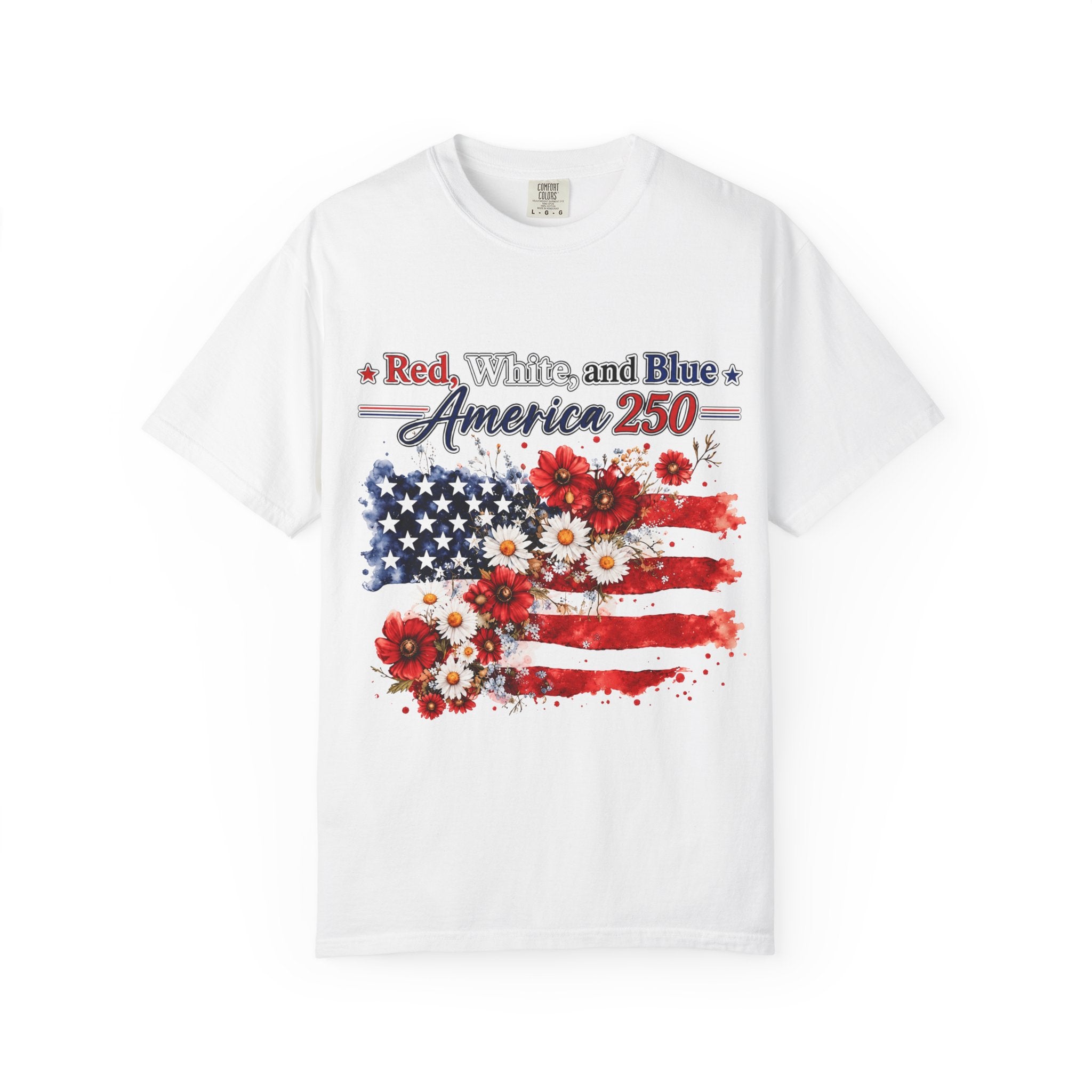 America 250 Floral Flag T-Shirt — Red White & Blue Patriotic Tee
