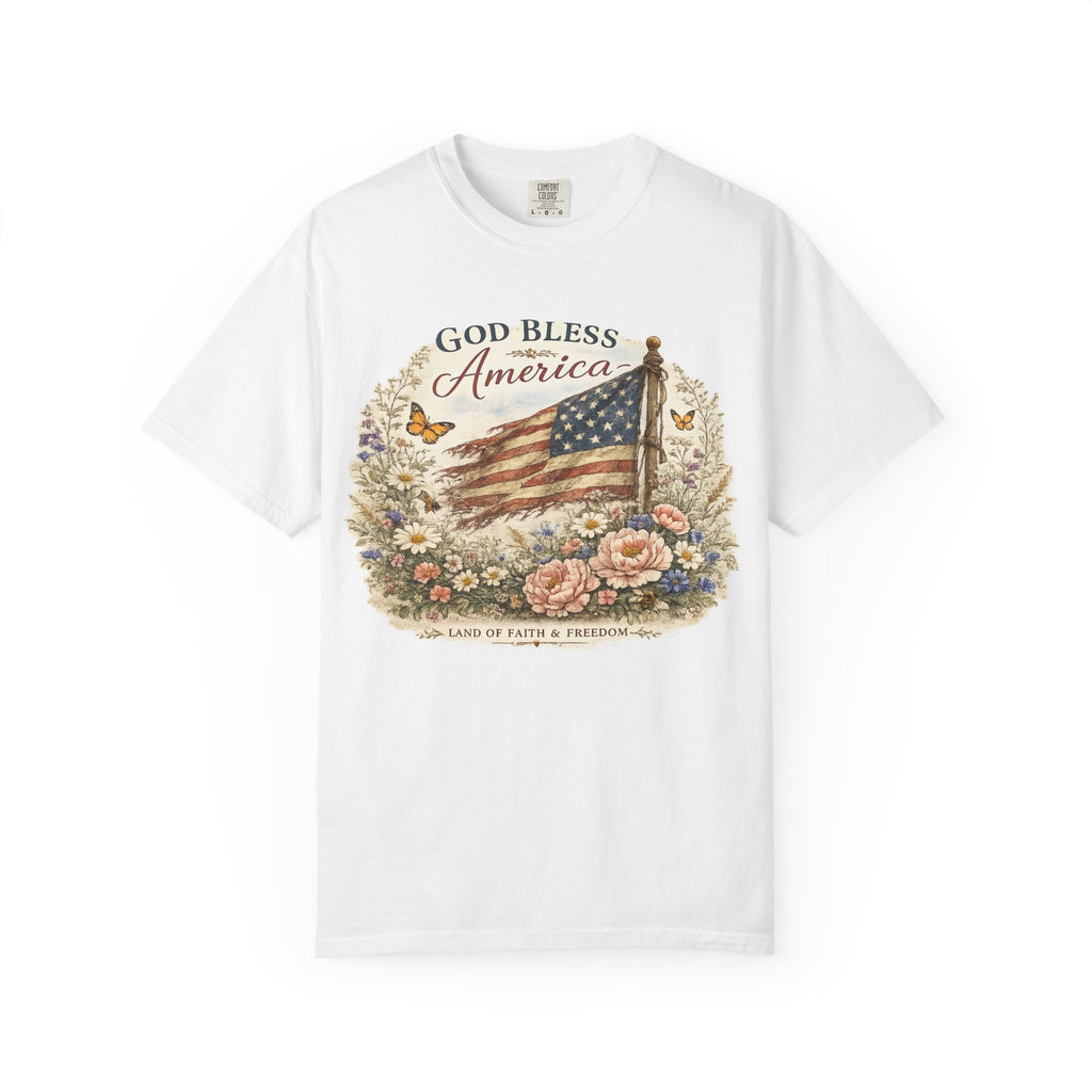 God Bless America Floral Patriotic T-Shirt — Distressed Flag & Wildflower Tee