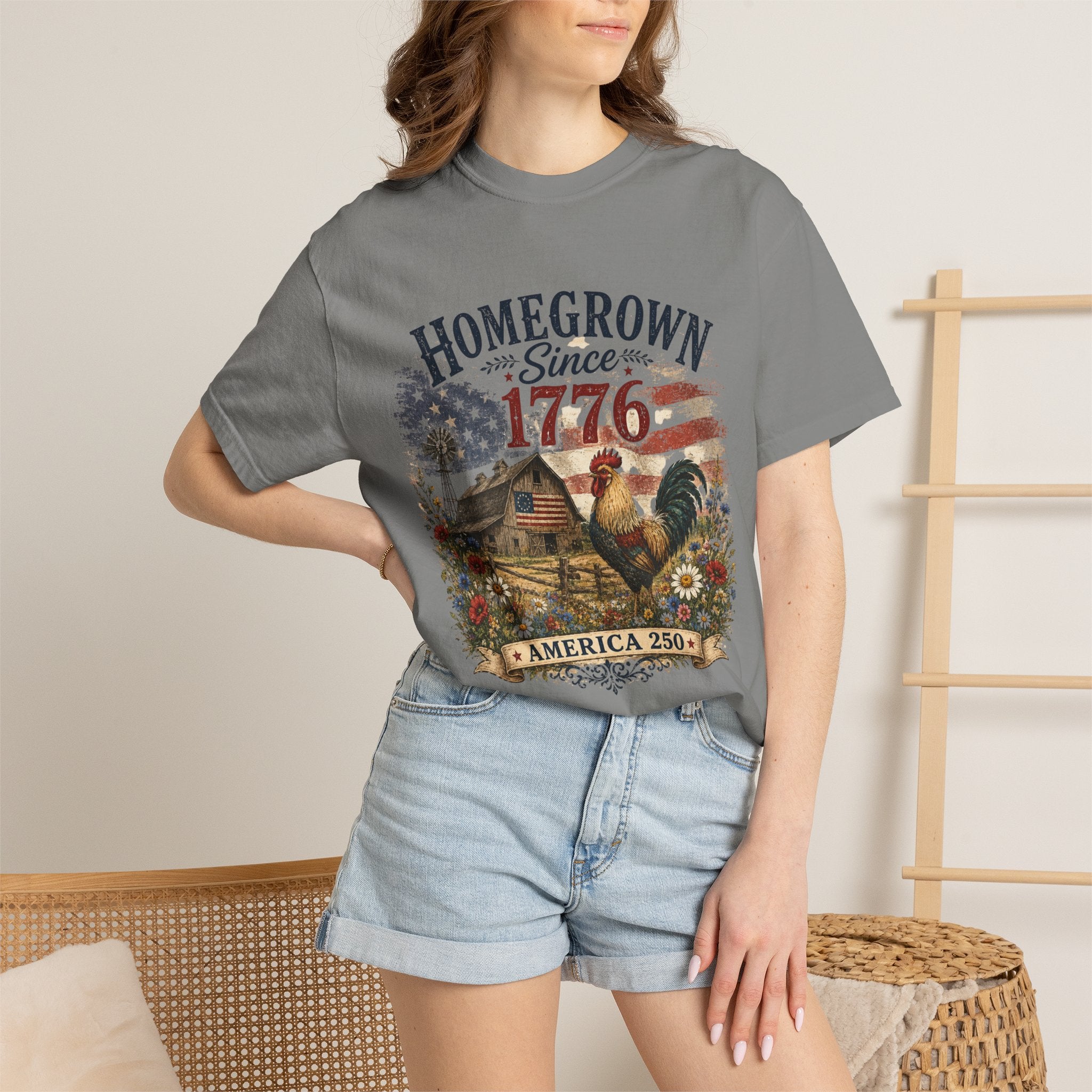 America 250 Patriotic Rooster T-Shirt — "Homegrown Since 1776" Farmhouse Tee