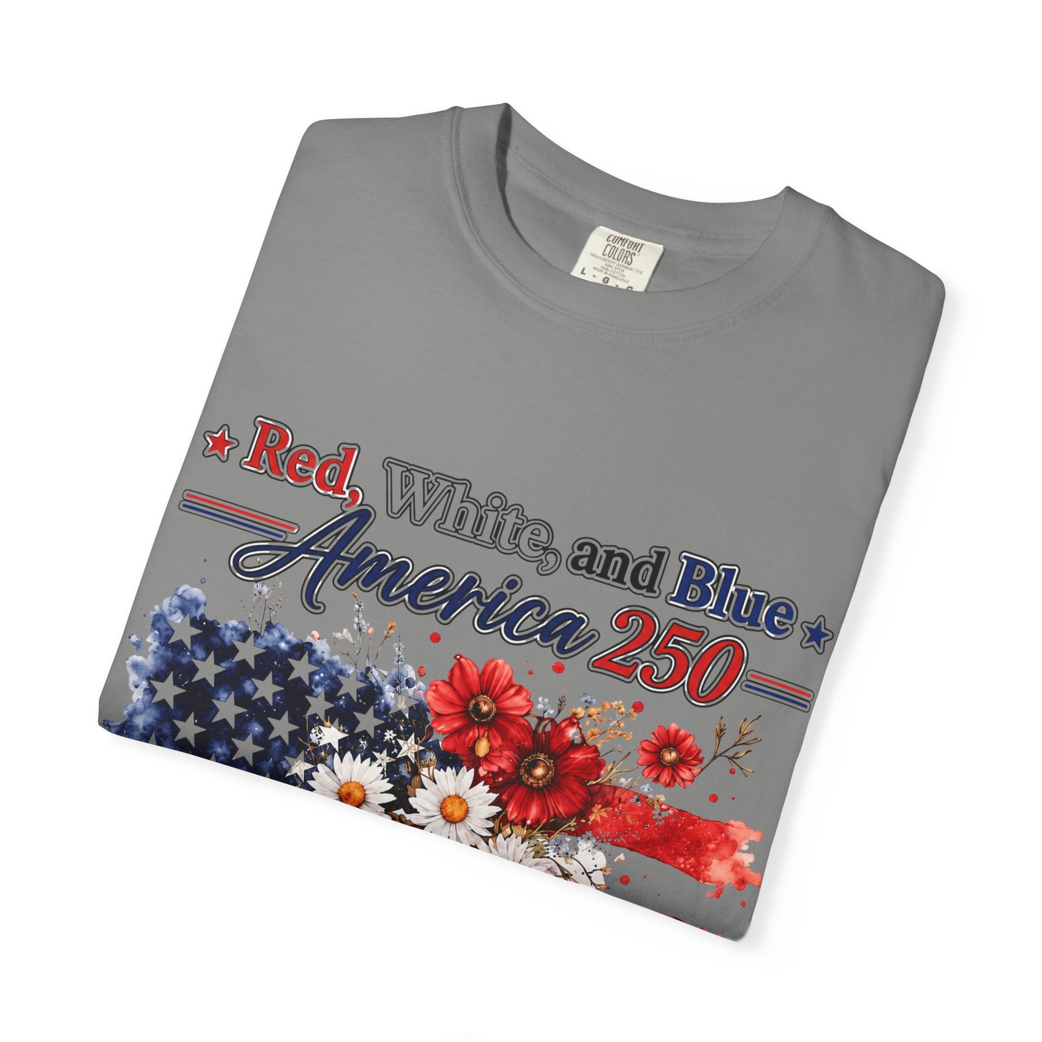 America 250 Floral Flag T-Shirt — Red White & Blue Patriotic Tee