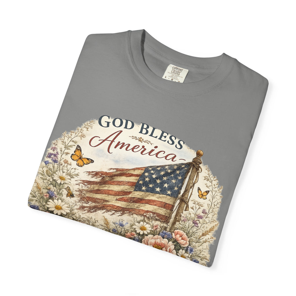 God Bless America Floral Patriotic T-Shirt — Distressed Flag & Wildflower Tee