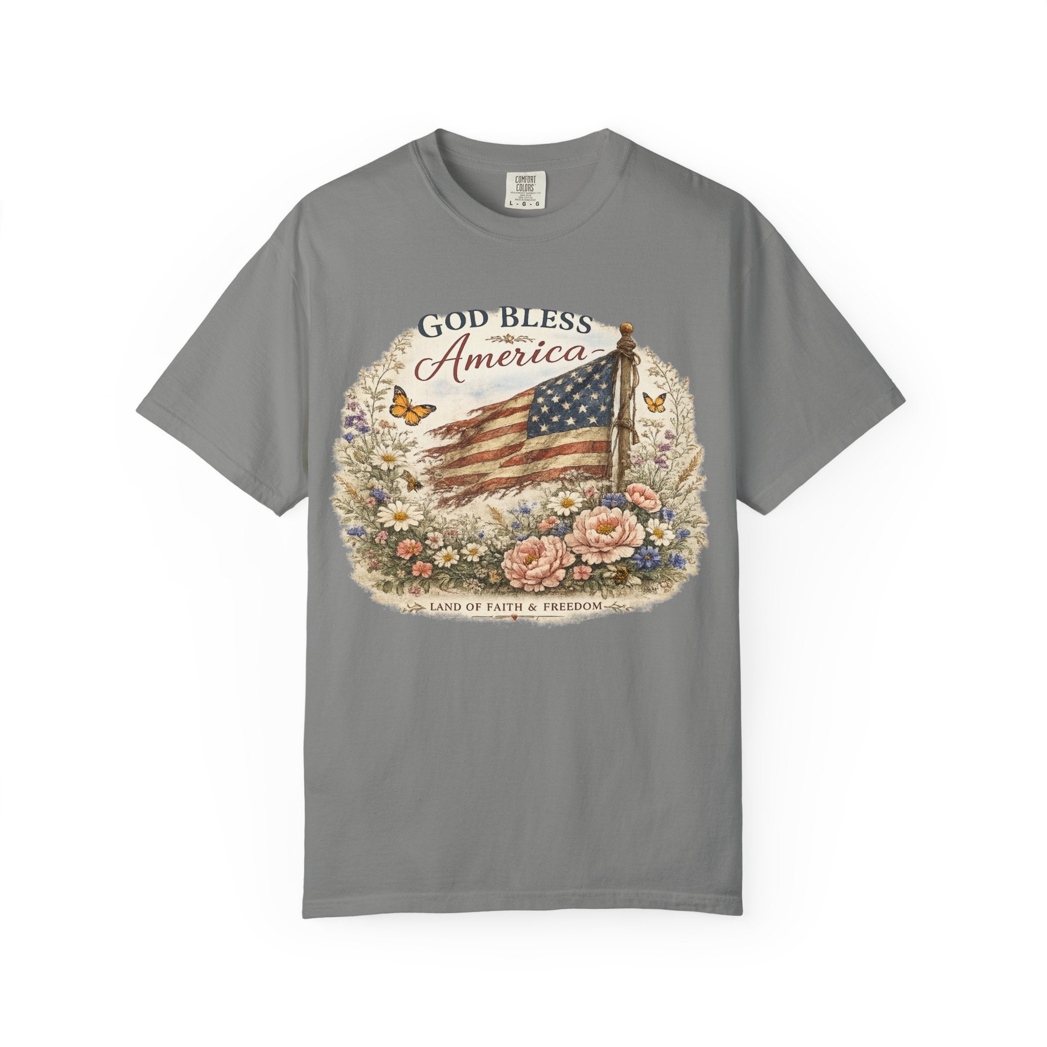 God Bless America Floral Patriotic T-Shirt — Distressed Flag & Wildflower Tee