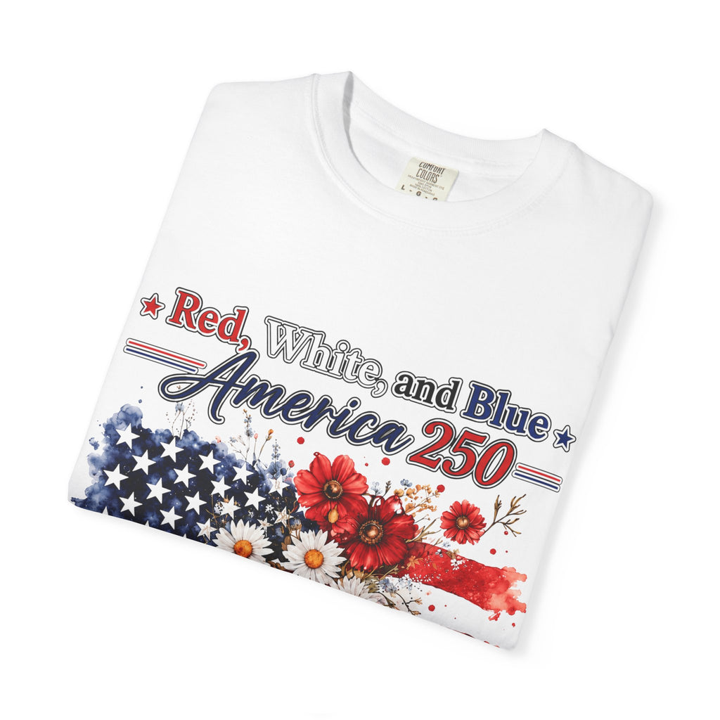America 250 Floral Flag T-Shirt — Red White & Blue Patriotic Tee