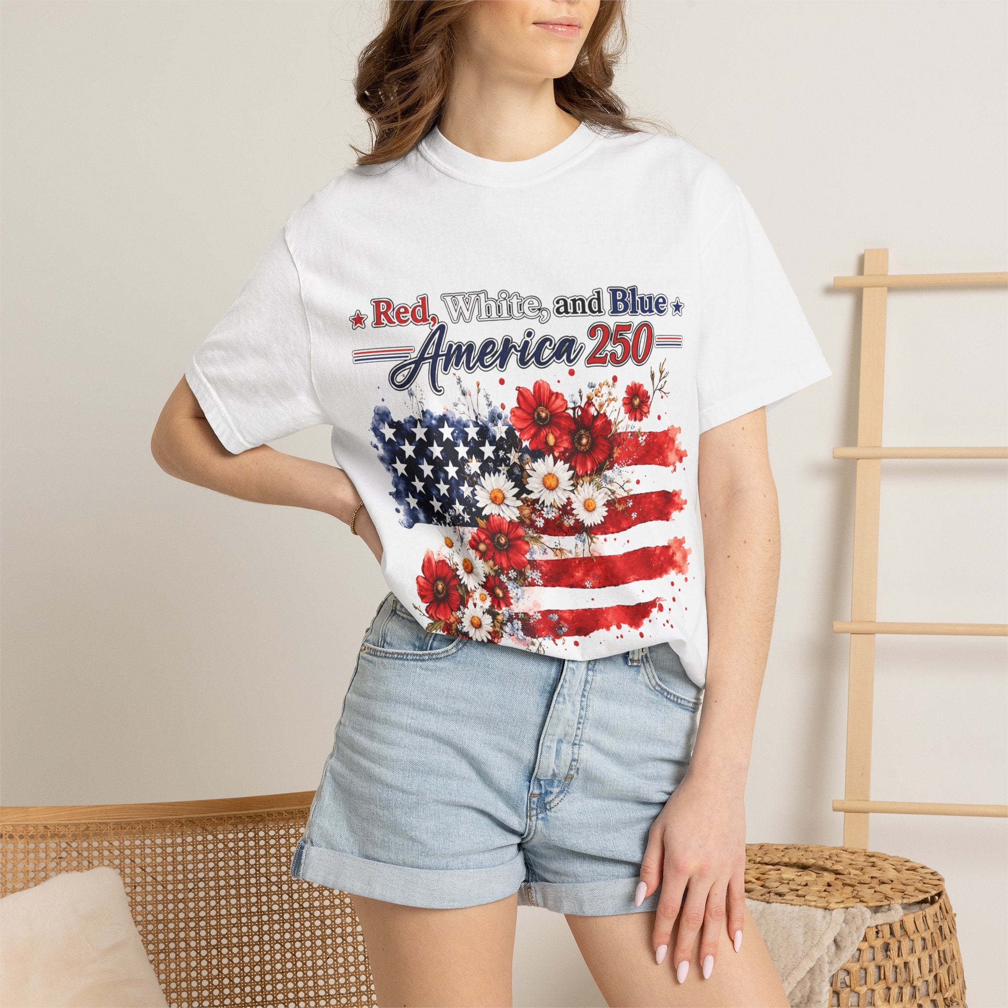 America 250 Floral Flag T-Shirt — Red White & Blue Patriotic Tee