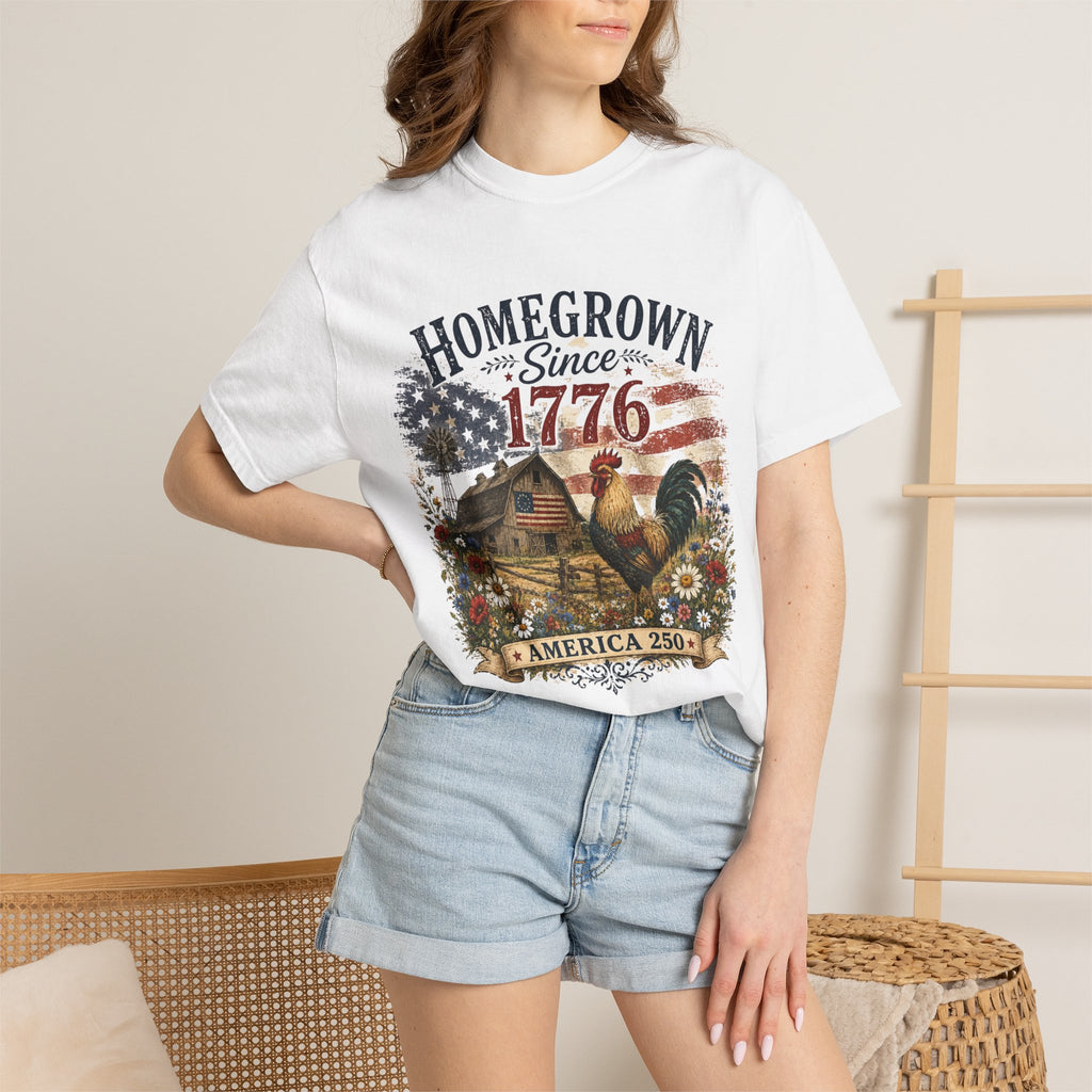 America 250 Patriotic Rooster T-Shirt — "Homegrown Since 1776" Farmhouse Tee