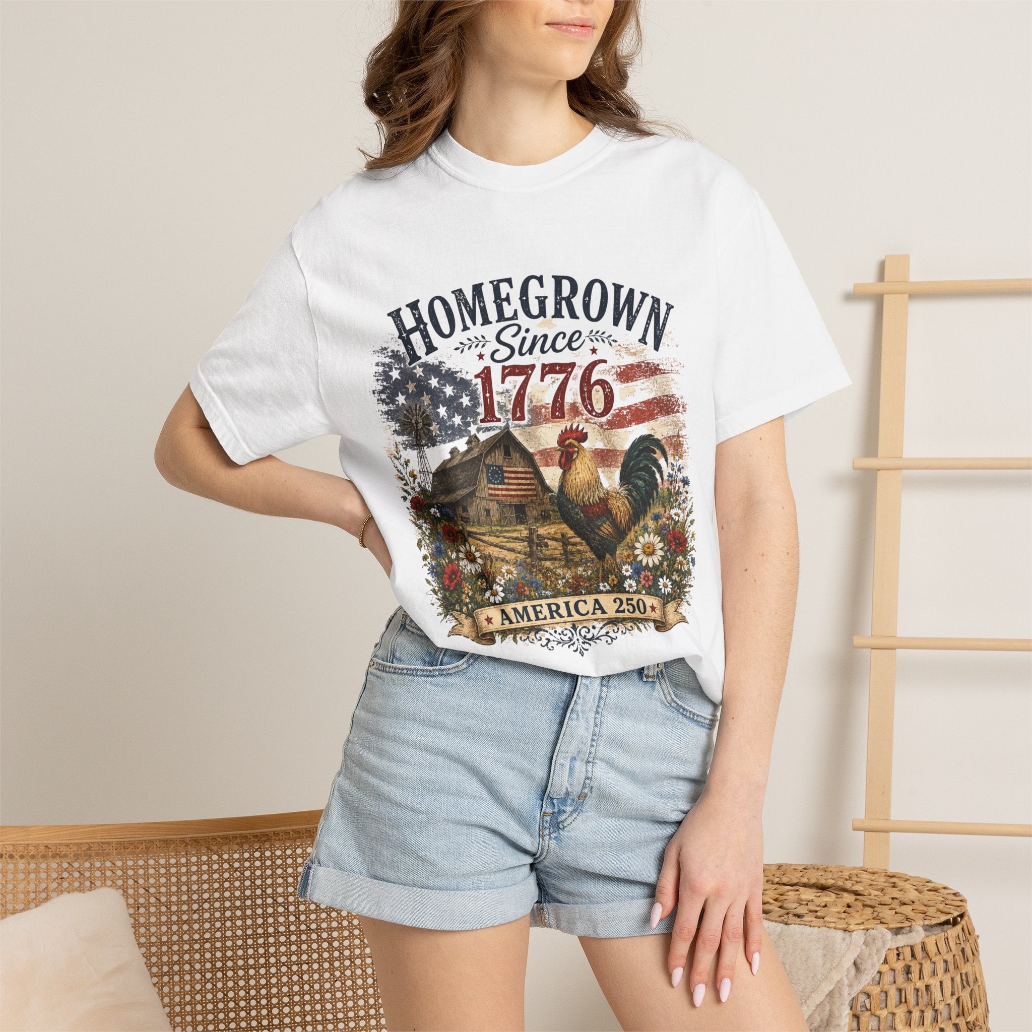 America 250 Patriotic Rooster T-Shirt — "Homegrown Since 1776" Farmhouse Tee